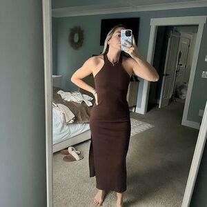 Brown Ribbed Sleeveless Dress